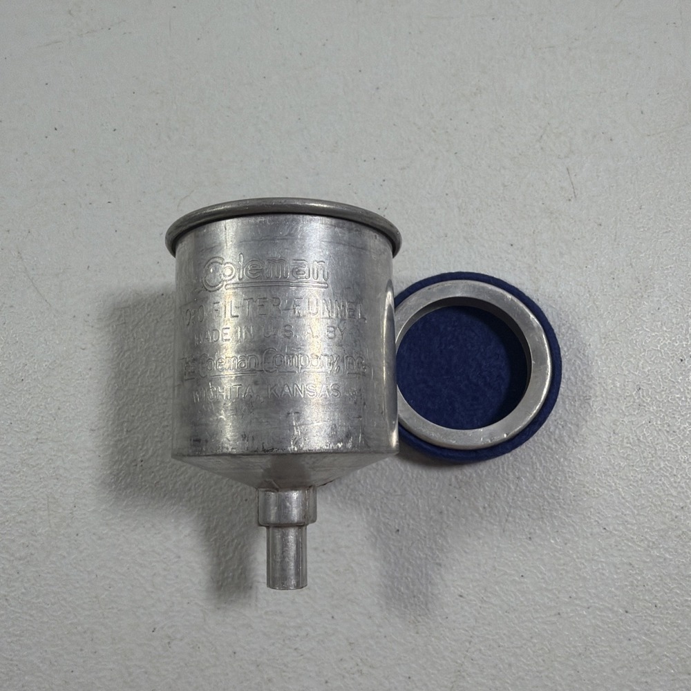 Vintage Coleman No. 0 Aluminum Fuel Filter Funnel W/ Blue Felt Filter #1